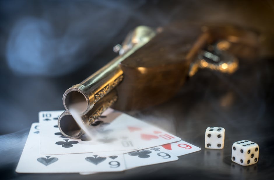 Close-up of a vintage pistol with playing cards and dice, surrounded by smoke.
